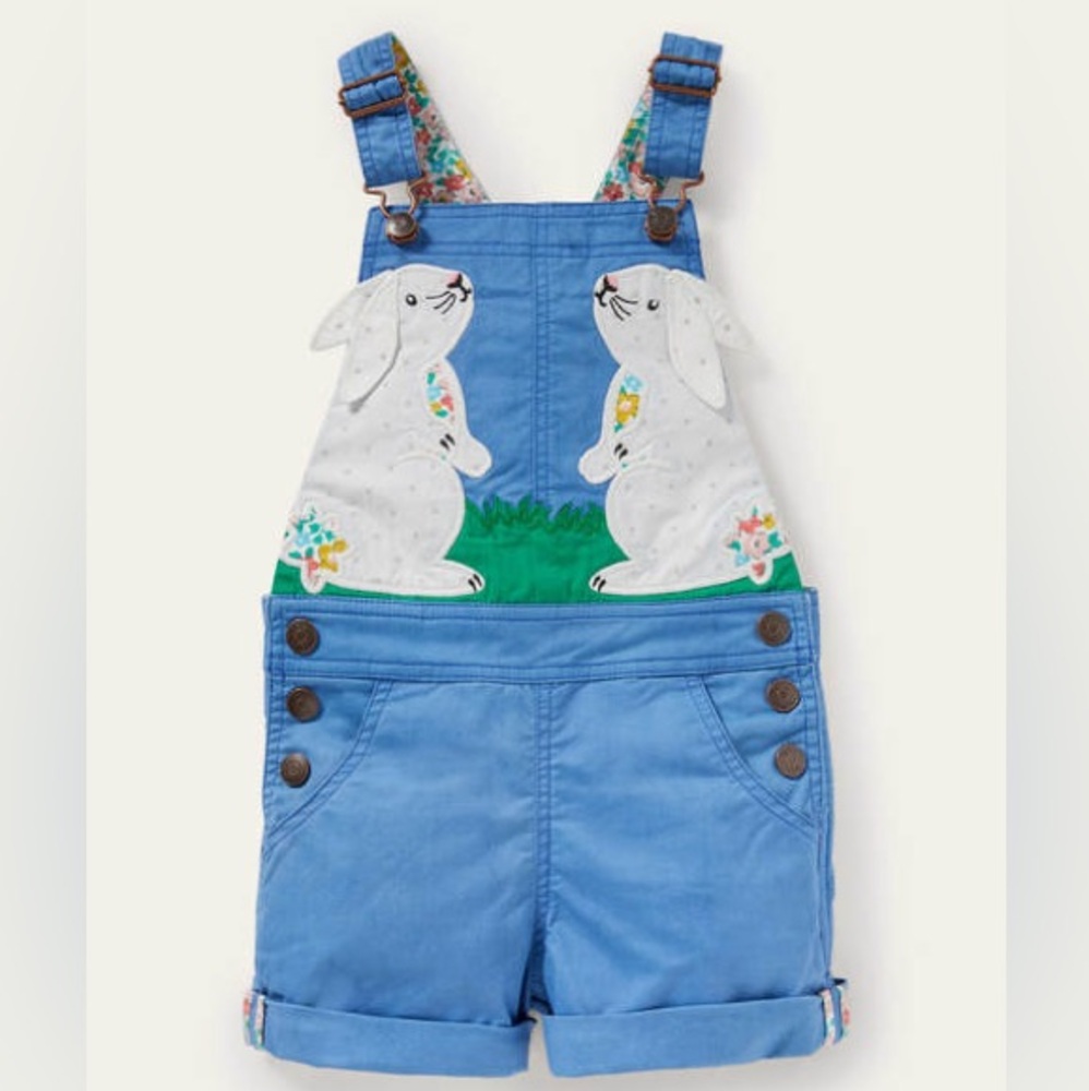 Mini Boden Appliqué Short Overalls Bunnies 3-4T